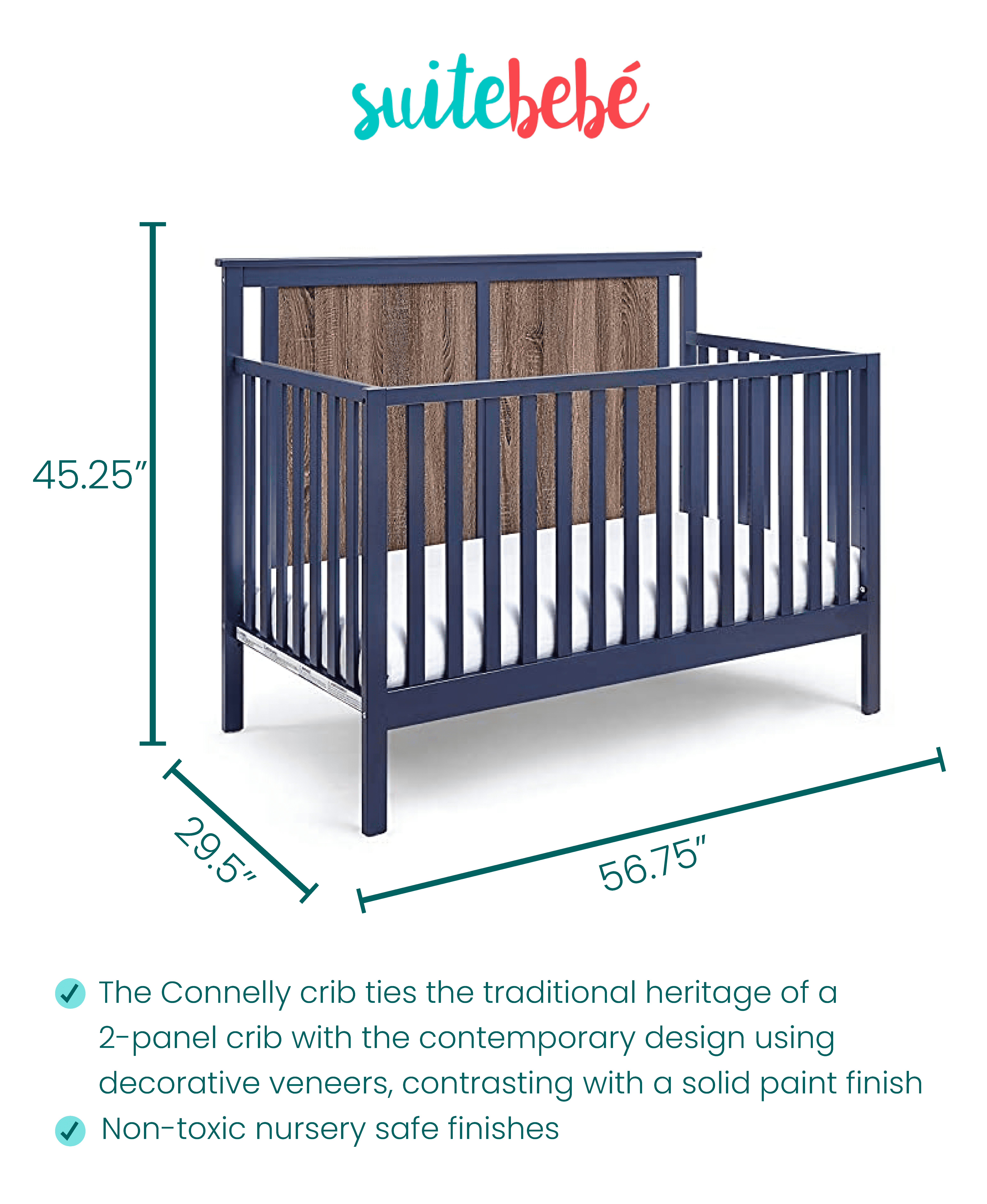 Connelly Changing Table in Midnight Blue and Vintage Walnut Finish