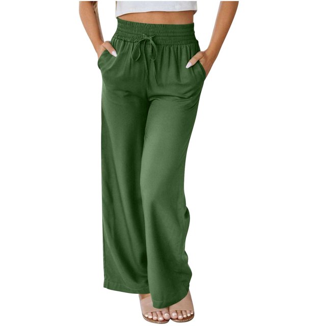 Summer Clearance 2025! Womens Plus Size Pants,Spring Summer Fashion Solid Color Pockets Outwear Wide Leg Drawstring Long Pants Trousers For Women