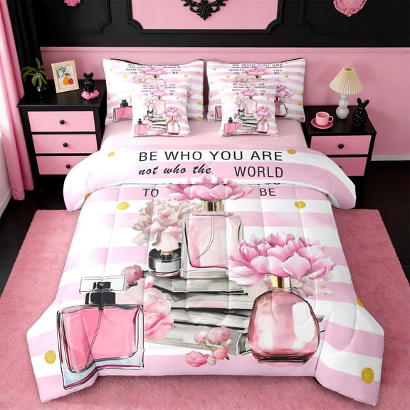 Manfei Women'S Perfume Twin Bedding Sets 7-Piece,Pink Romantic Flower Bedding Comforter Set,Aesthetic Geometric Lines Sheet Sets For Girls,Luxury Bedroom Decor,Reversible