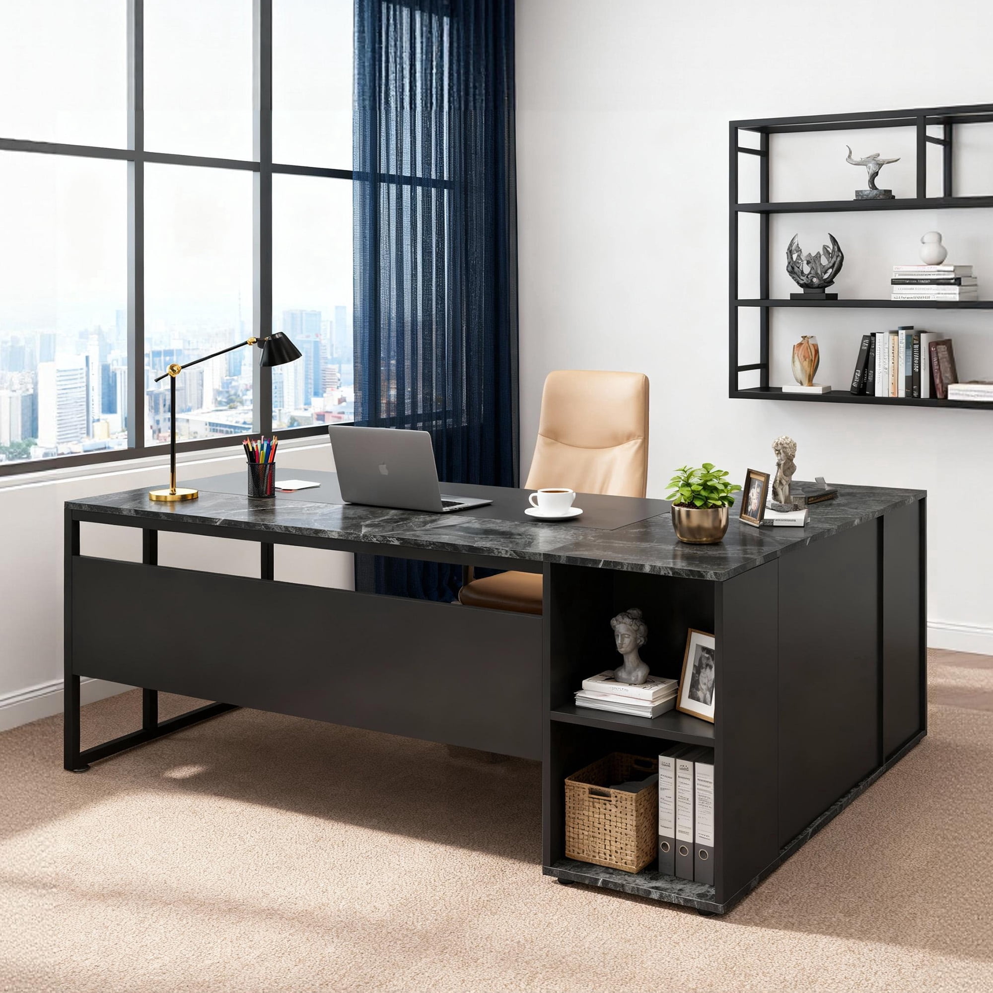 KIOOTTO 71" L-Shaped Executive Desk with Storage Cabinet, Printer Stand and CPU Stand, Black Corner Computer Desk