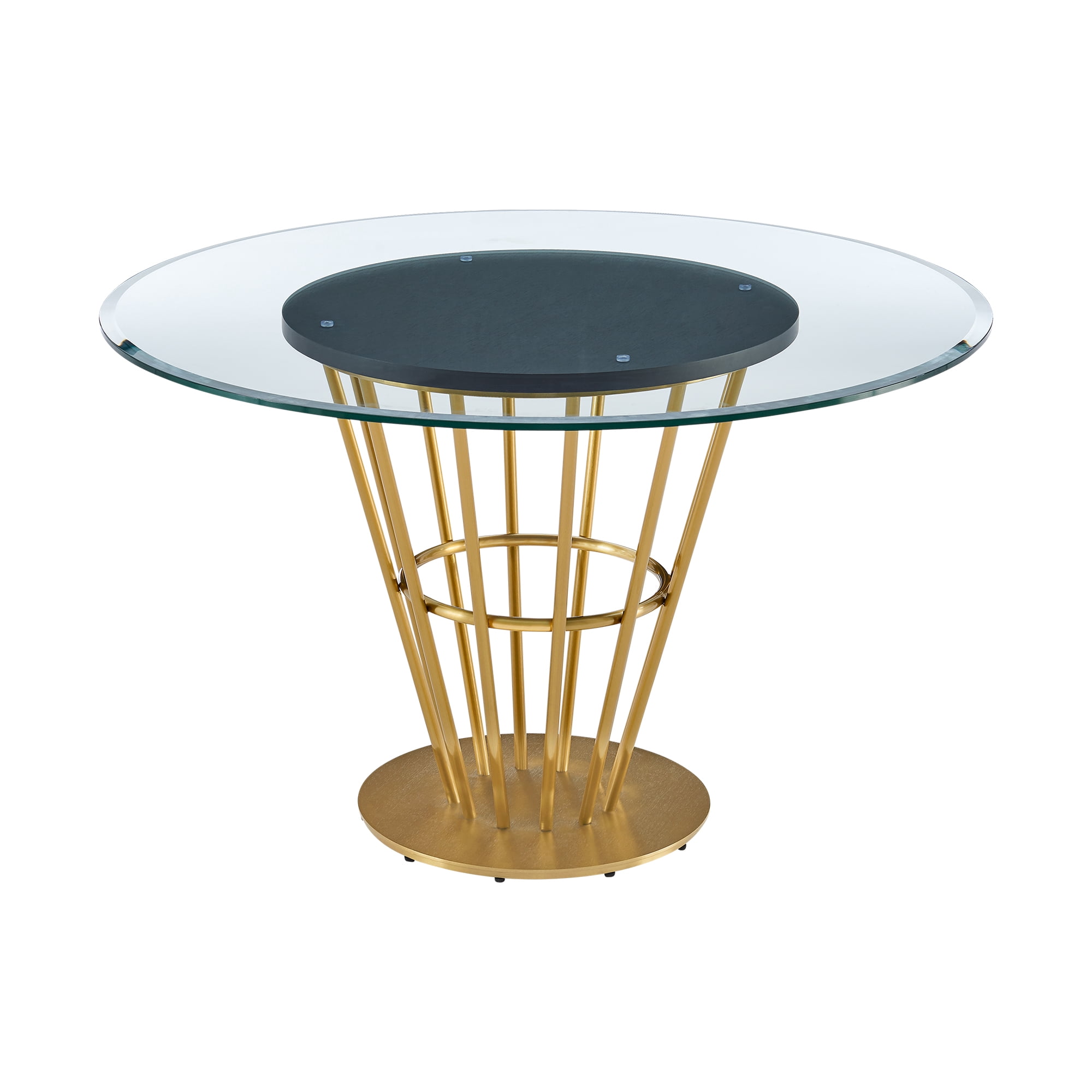 Veronica 48" Round Dining Table in Gold Stainless Steel Base with Walnut Panel and Glass Tabletop