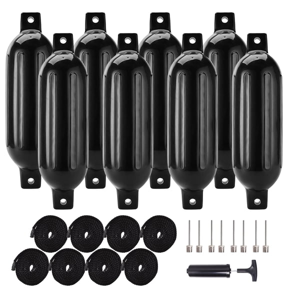 VANCUS Black Boat Fenders 8 Pack 4.5 x 16 inches Ribbed Twin Eyes Boat Bumpers Fenders for Docking, Comes with Ropes Needles and Pump to Inflate