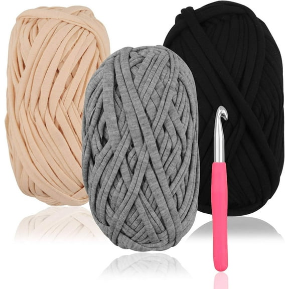 3Pcs Knitting Yarn Fabric Cloth T-Shirt Yarn Carpet Yarn,120 Yards Knitting Yarn for Hand DIY Bag Blanket Cushion Crocheting Projects,with Crochet Hook