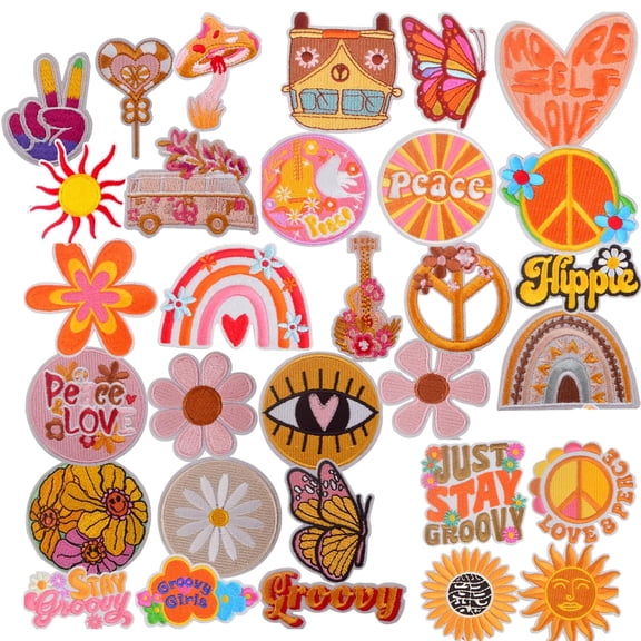 31 Pieces Yellowish Hippie Groovy Iron On Patches Vintage Floral Flower Peace Sign Embroidered Sew on Patch Repair Appliques for Clothes Hats Jeans Bags DIY Crafts Decor