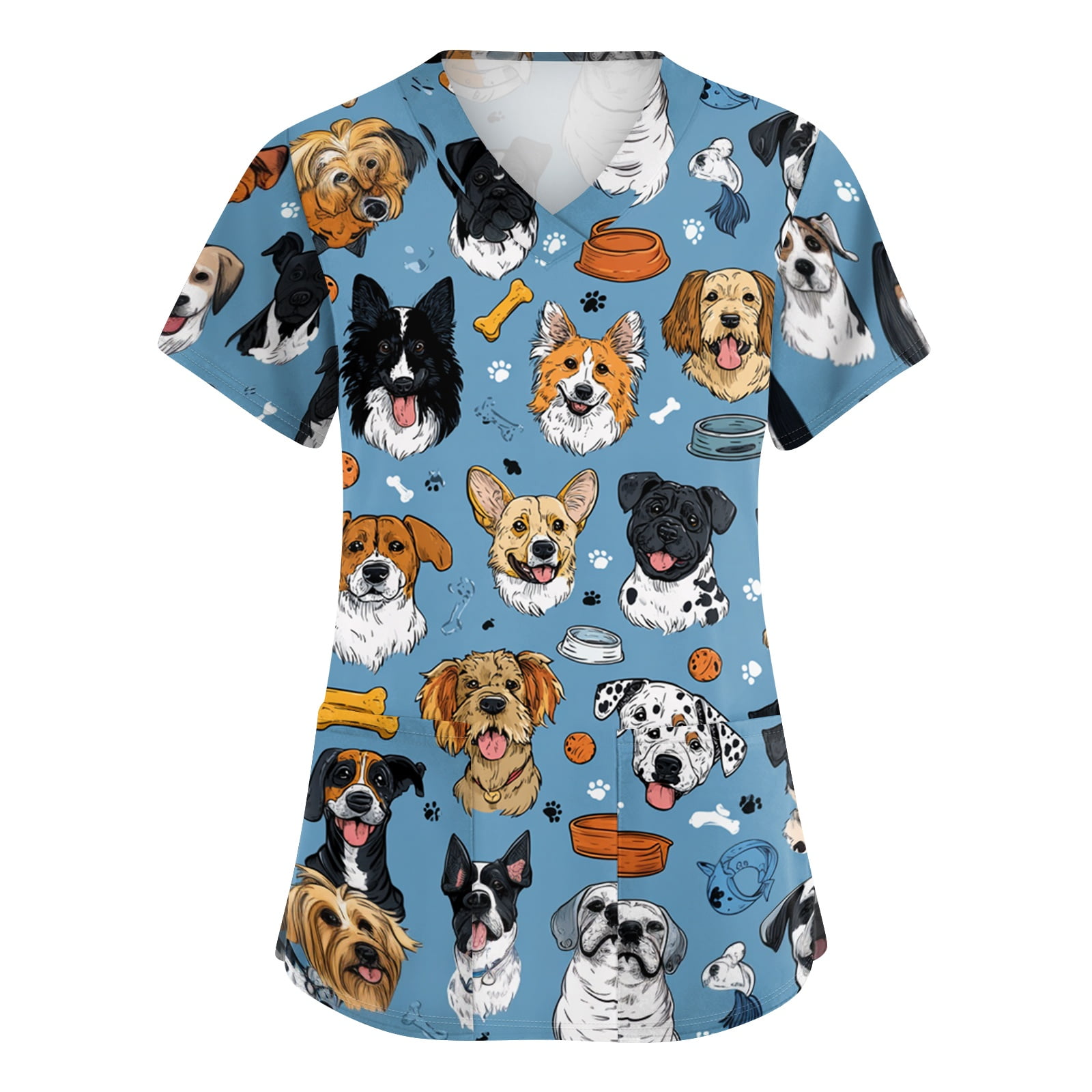 Scrubs Tops for Woman - Soft Stretch, V-Neck Tops, 2 Pockets, Short Sleeve, Animal Print, Breathable & Lightweight Nursing Shirt, Easy-Care Fabric for All-Day Comfort - Blue - M