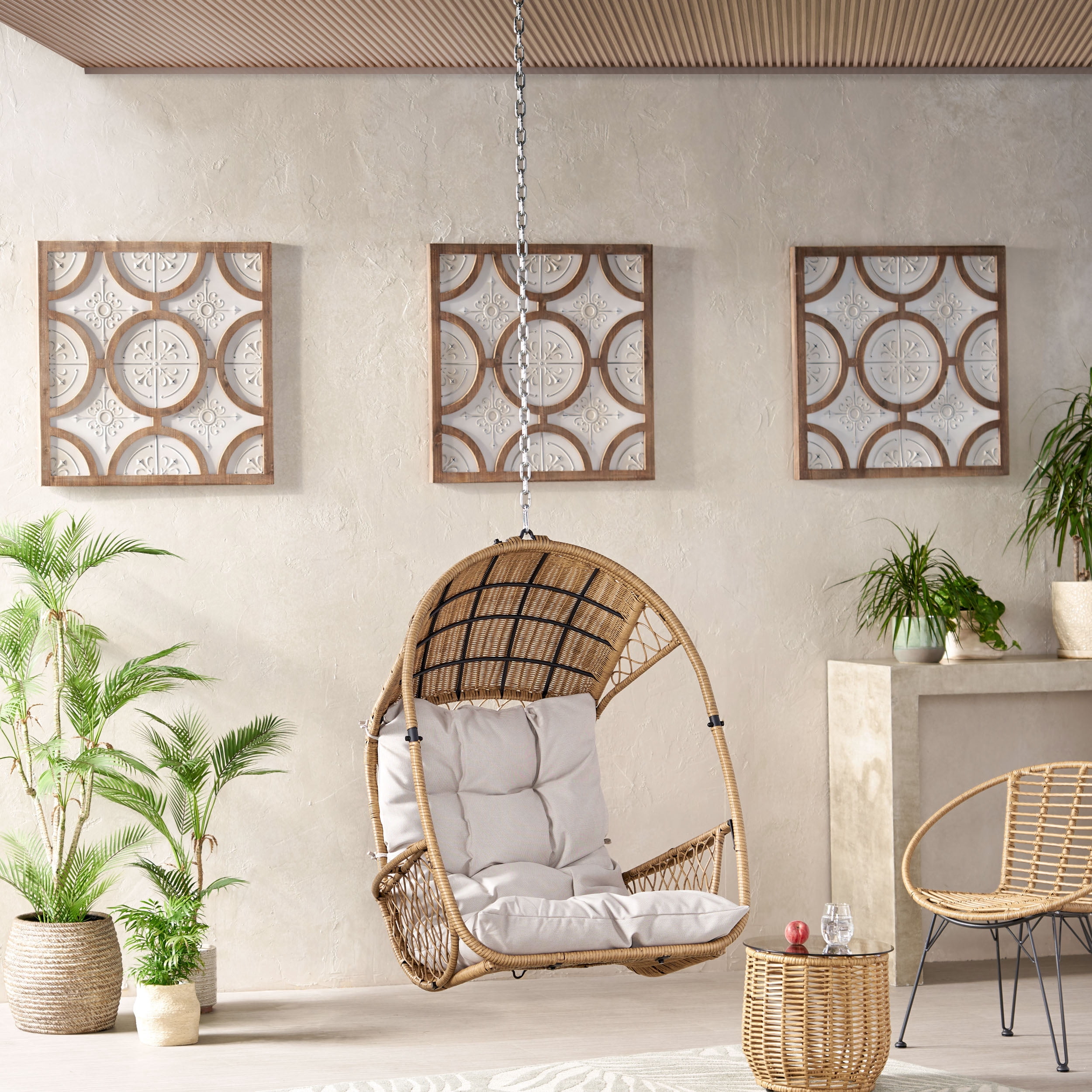 Outdoor Hanging Swing Chair with 8ft Chain, Wicker Weave Suspended Leisure Seat for Patio Garden, Light Brown and Beige