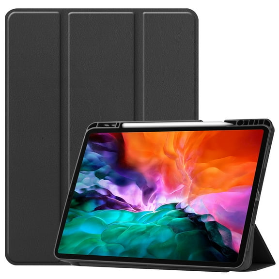 For 2021 5th Gen iPad Pro 12.9" Case, Auto Wake/Sleep Cover, Cover with Pen Holder, Slim Soft TPU Back Smart Tri-Fold Stand (Black)