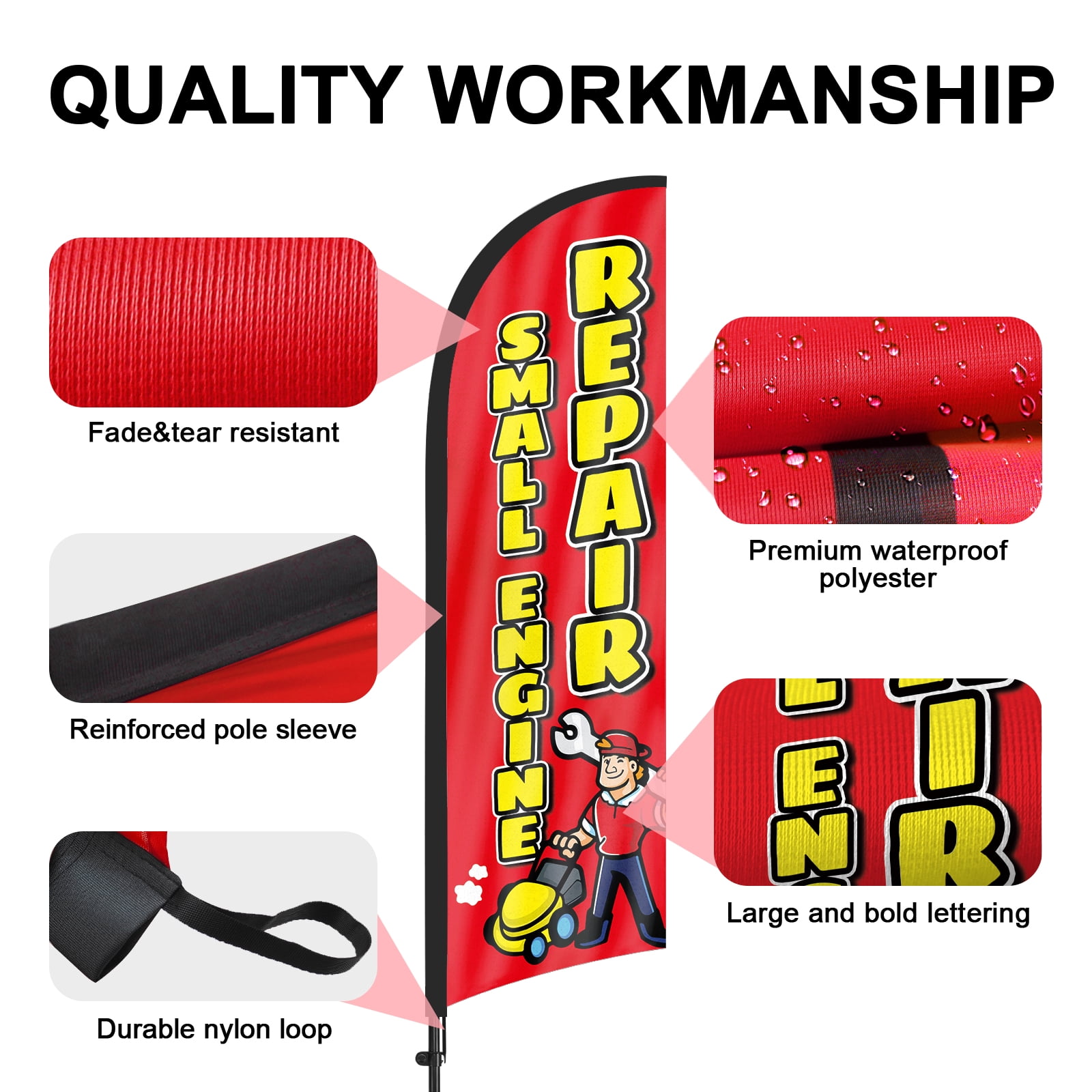 QSUM Small Engine Repair Feather Flag with Flag Pole Kit and Ground Spike, 8.2FT Small Engine Repair Windless Flag Banner Sign Business for Outdoor Advertising Sign Decoration Display
