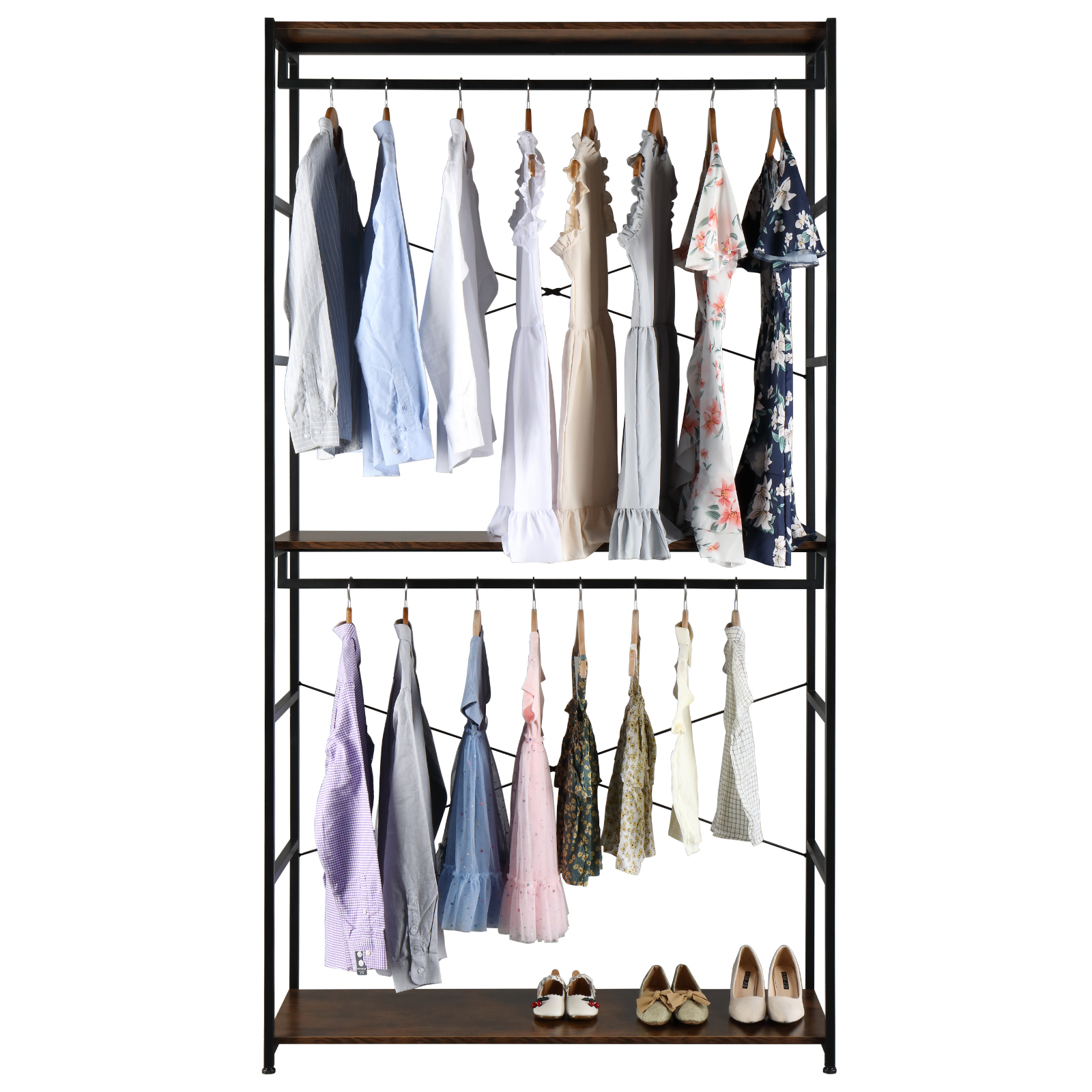 87.4 inches Double Rod Closet Organizer, Freestanding Tall 3 Tiers