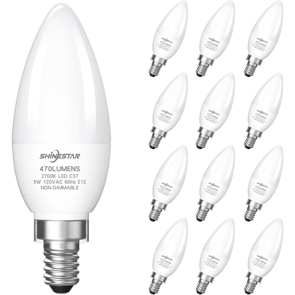 SHINESTAR Lot de 12 Ampoules LED Équivalent 40W, 2700K Blanc Chaud pour Ventilateur de Plafond, Type B Petite Base E12, 5W B11 Ampoule de Lustre, C37 Bougies, Non Dimmable