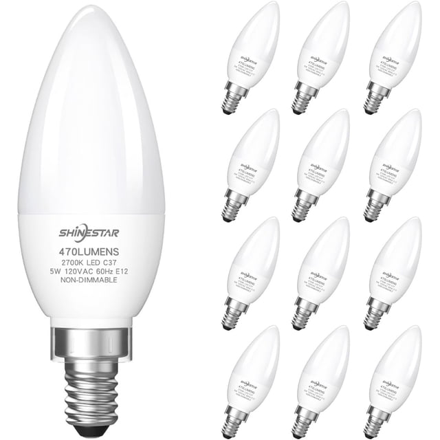 SHINESTAR 12-Pack Candelabra 40W Equivalent LED Light Bulbs, 2700K Warm White Ceiling Fan Lightbulbs, Type B Small E12 Base, 5W B11 Chandelier Bulb, C37 Candle Lights, Non-dimmable