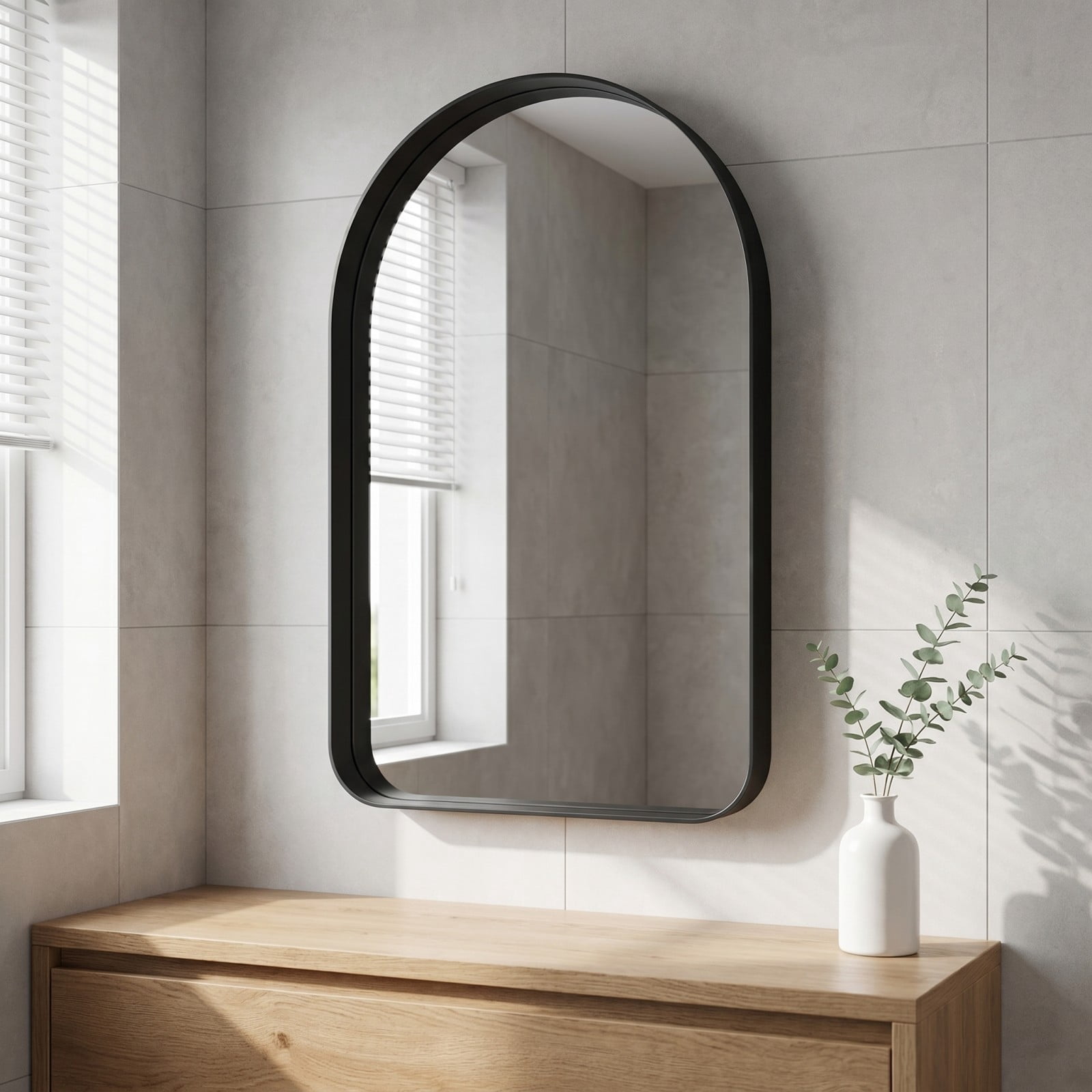 GRAHMCY 30"x48" Arched Bathroom Mirror Rounded Corner Vanity Wall Mirror with Deep Frame, Black