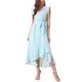 thumbnail image 2 of Vestido de verano midi sin mangas con estampado floral, escote en V, cinturón y volantes para mujer, azul, talla XS, 2 of 6