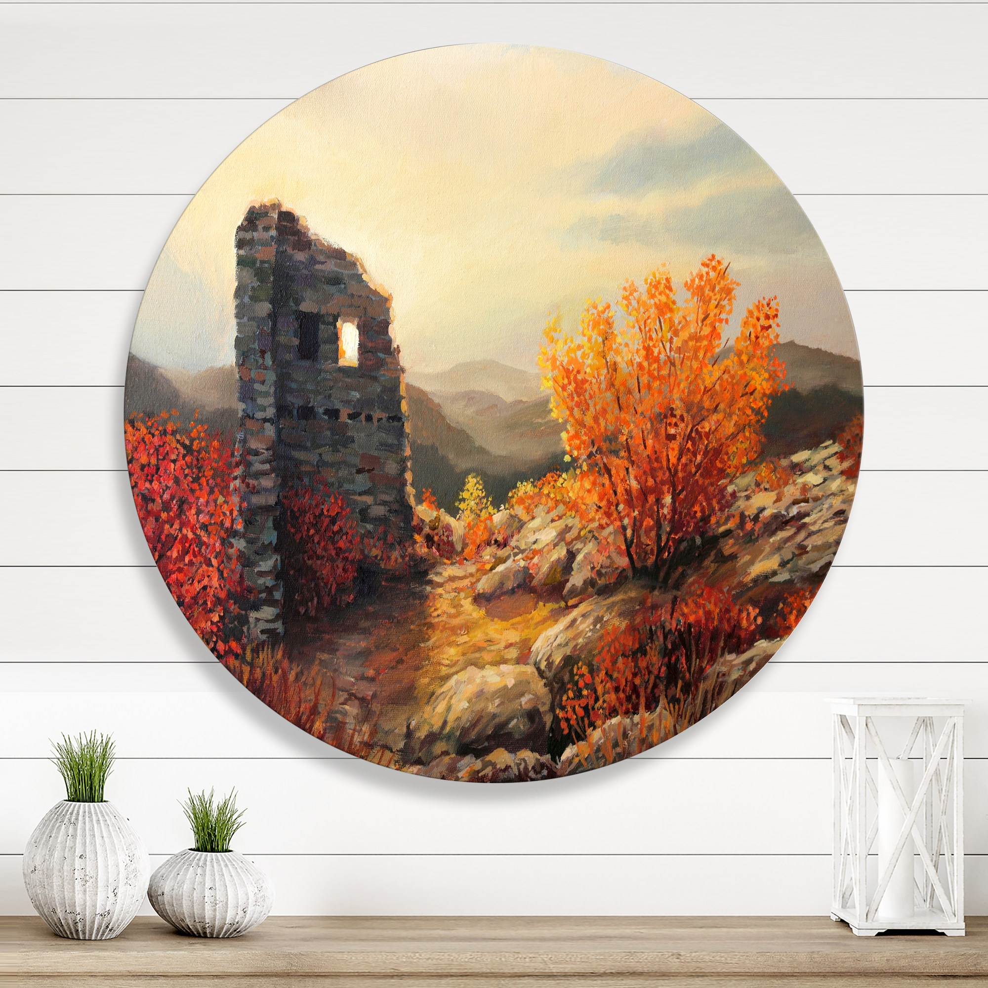 Designart 'Sunset Over Old Fortress Ruins' Farmhouse Circle Metal Wall Art 23x23 - Disc of 23