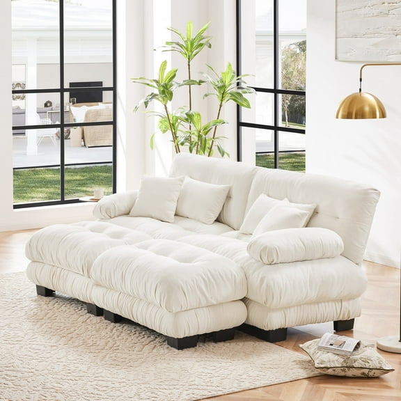 KYLE & KAY 94"Loveseat Sofa, Chenille 2 Seater Cloud Couch with 4 Soft Pillows, Upholstered Deep Seat Sleeper Sofa with 2 Ottomans for Living Room, Apartment, Office, White