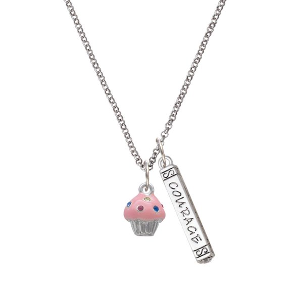 Delight Jewelry Silvertone Small Pink Cupcake with Crystal Sprinkles Silvertone Courage Strength Wisdom Honesty Bar Charm Necklace, 23"