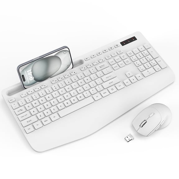 Wagpak Wireless Keyboard & Mouse Combo Wrist Rest Ergonomic Phone Holder Silent for Computer,Laptop-white