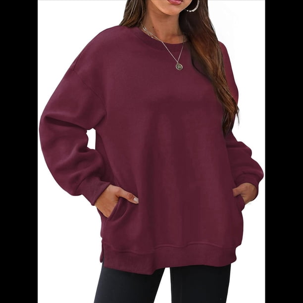 Sudadera de Gran Tamaño para Mujer, Cuello Redondo, Larga, Jersey de , Ropa de Moda de Otoño con Bolsillo Vino Tinto L