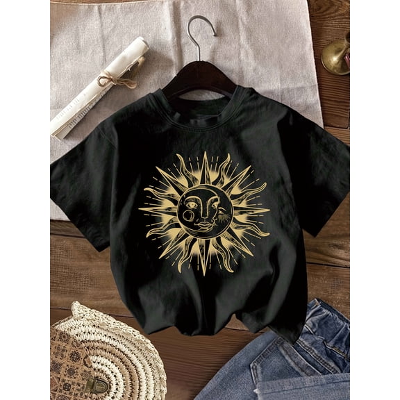 Women's Casual Round Neck Short Sleeve T-Shirt with Sun and Moon Print for Spring, Summer, and Autumn