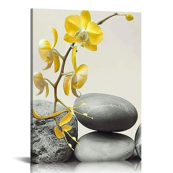 JEUXUS Yellow Orchids Wall Art Gray Zen Stones Artwork Mustard Color Flower Picture Pebble Modern Canvas Paintings for Bathroom Meditation Room