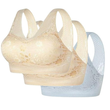 REORIAFEE Womens Bras No Underwire Full Support 3 Pack Gathered Together No Wire Bras Solid Brassiere Comfy Wide Strap Breathable Corset Underwear Comfortable Classic Support Lingerie Gray XXXL