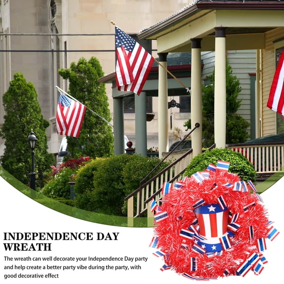 WEUVEB Independence Day Red Wire Frame Hanging Wreath for Front Door Decoration
