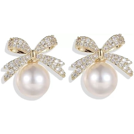 Pearl Bow Earrings for Women Cubic Zirconia Dainty Gold Plated Pearl Earring Bow Stud Earrings Jewelry Gifts
