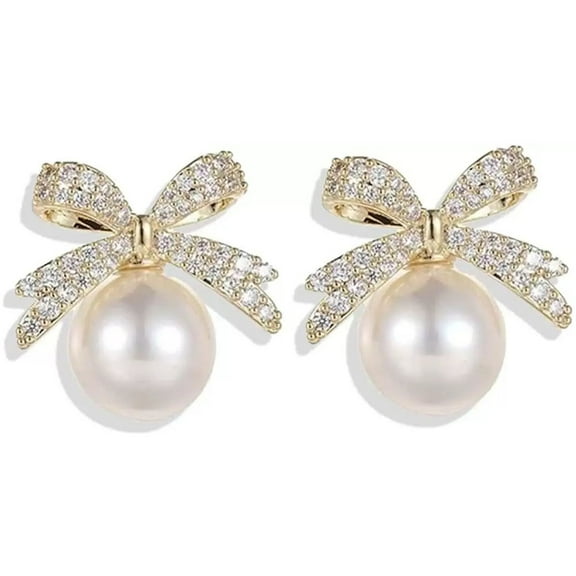 Pearl Bow Earrings for Women Cubic Zirconia Dainty Gold Plated Pearl Earring Bow Stud Earrings Jewelry Gifts