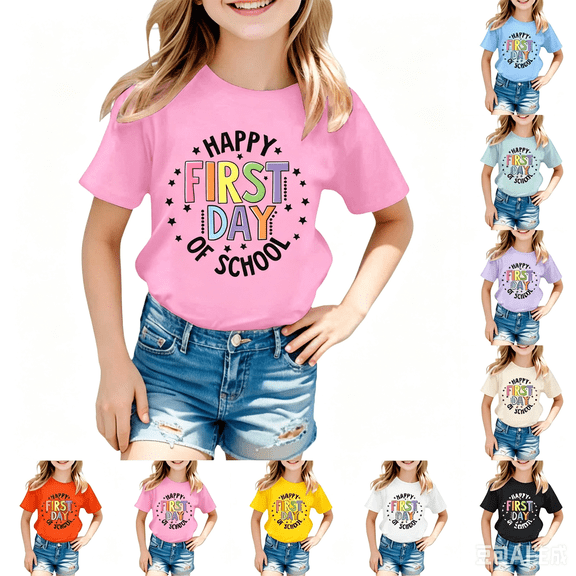 LRen Girl Shirts Trendy,First Day of School Gifts for Students Graphic Print Summer Casual School Uniform Preppy Short Sleeve Clothes