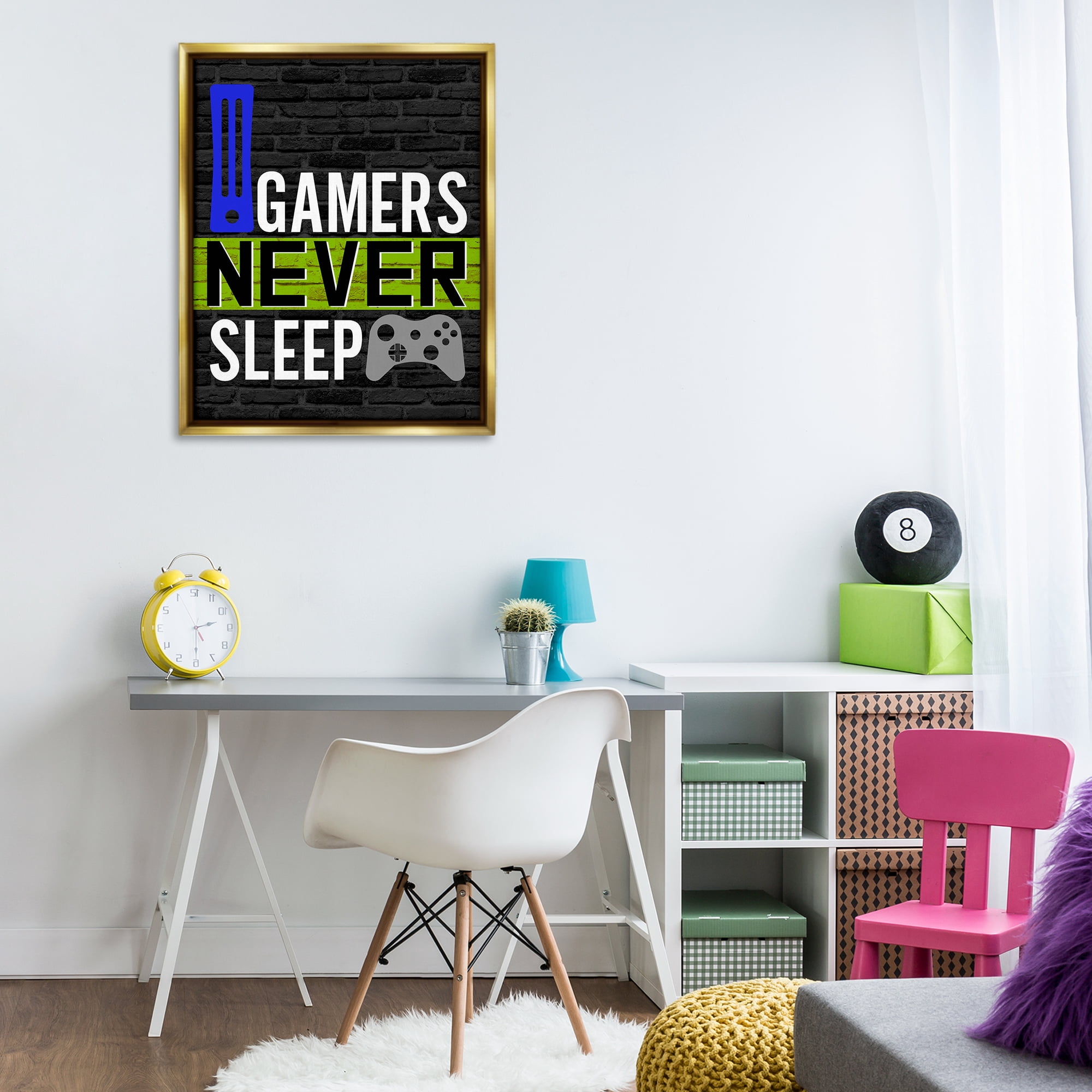 Stupell Industries Gamers Never Sleep Typography Painting Gold Floater Framed Art Print Wall Art, 25 x 31