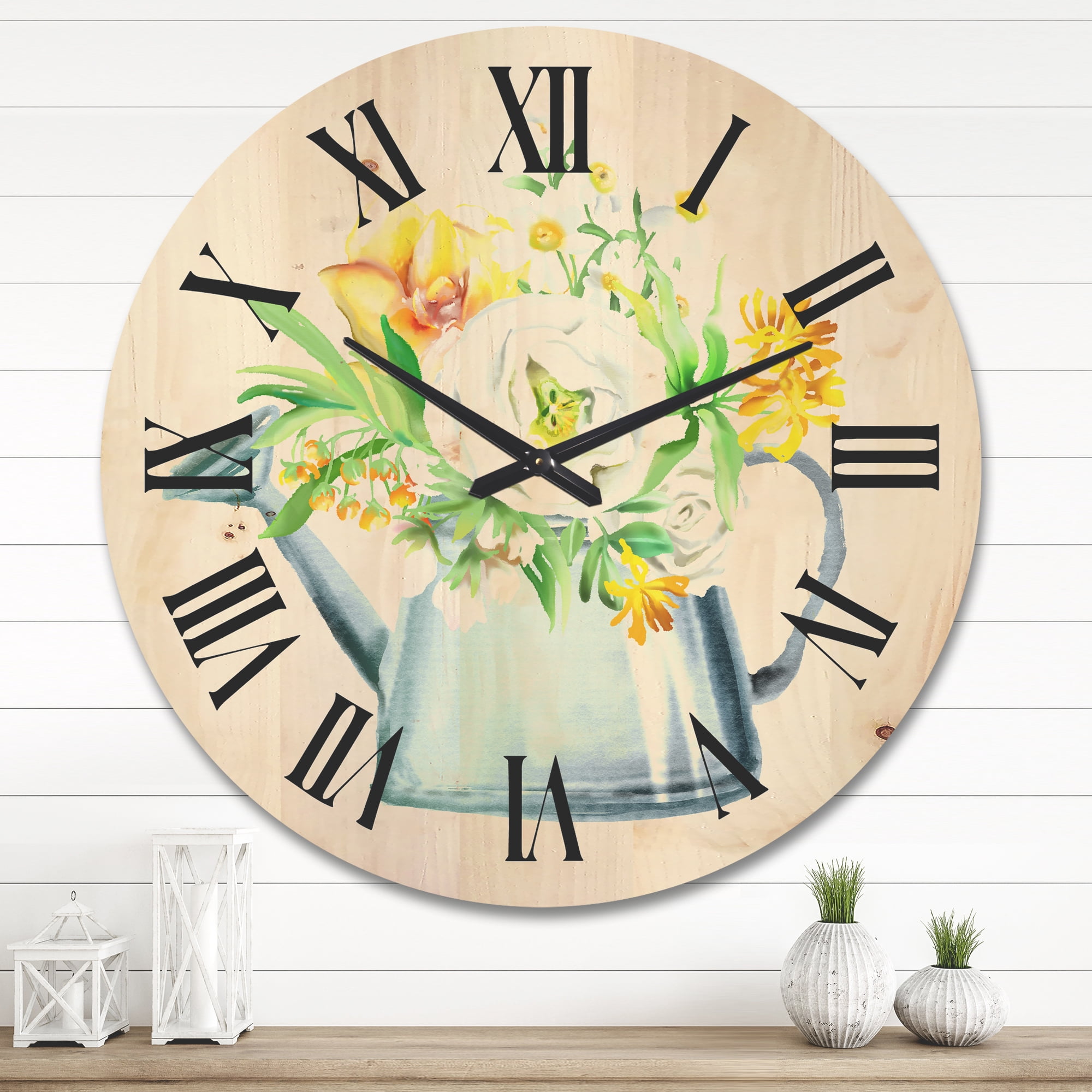Designart 'Marigolds Roses and Peonies In Garden Watering Can' Farmhouse Wood Wall Clock