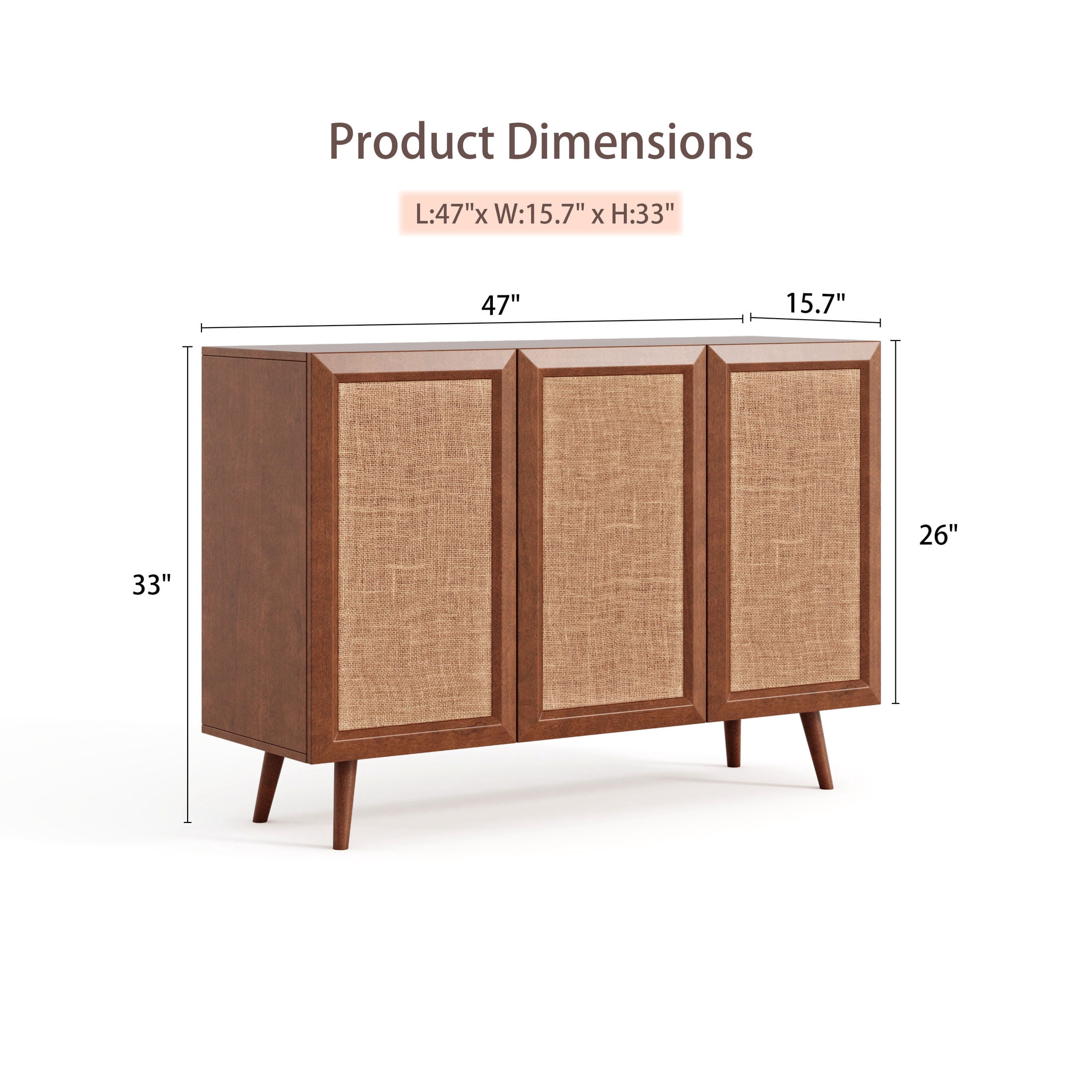 Noble House Laris 47" 3-Door Rattan Buffet Cabinet with Solid Wood Door Frames, Accent Sideboard TV Stand, Walnut