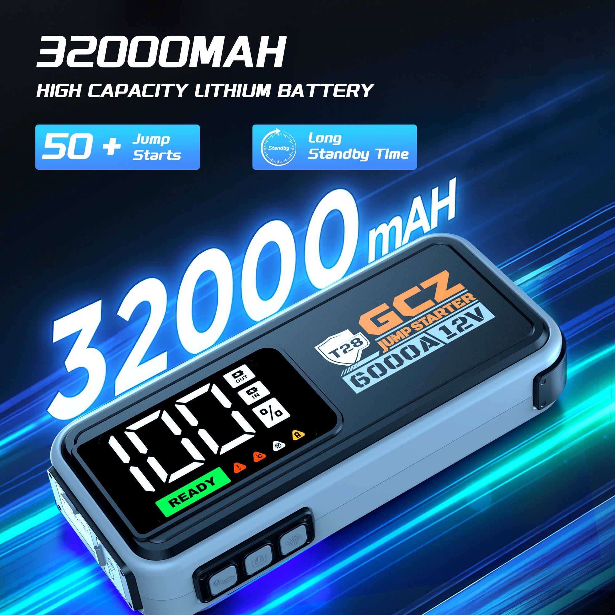 GCZ 6000A Portable Car Jump Starter, 32000mAh Battery Booster for All Gas & Up to 10L Diesel Engines, 12V Auto Jump Box with LED Display, QC3.0 Fast Charging Power Bank, EVA Carrying Case