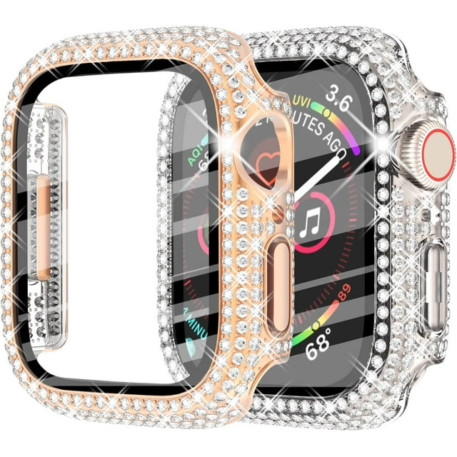 2-Pack Compatible with Apple Watch Bling Case 40mm Series SE 6 5 4 Screen Protector with Tempered Glass, 200 Diamonds Crystal Sparkling Protective Face Cover Bumper Frame for iWatch Women