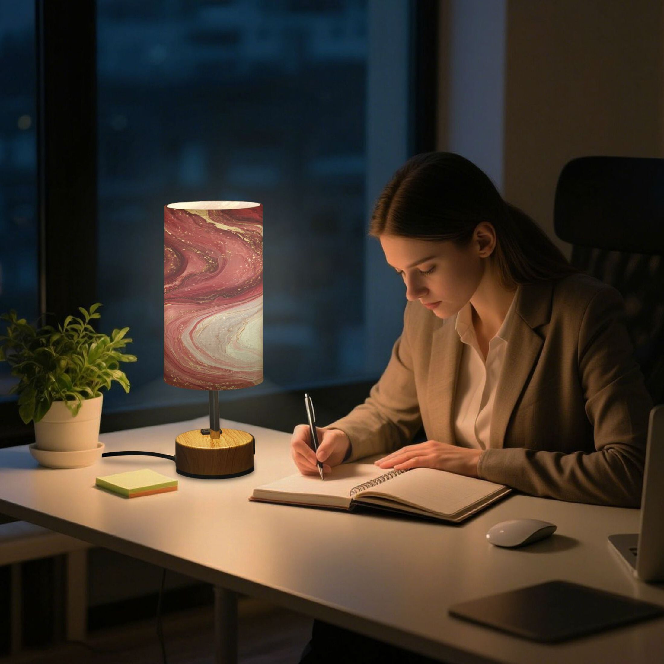 Touch-Control 3-Color Desk Lamp with Plug – Energy-Saving LED + 3 Simultaneous Charging Ports Burgundy Marble Flow