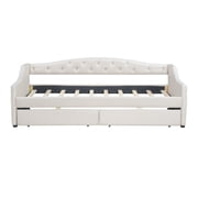 Noble House Twin XL Linen Upholstered Daybed, Tufted Frame with 7-Color LED Belt and 2 Storage Drawers, Beige