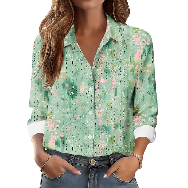 TaTaai Women Casual Printed Long Sleeve Collared Shirt Button Down Blouse Ladies Daily Commute Festival Event Wear Soft Breathable Non See Through Stylish Comfortable Top Gift