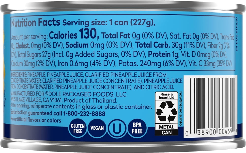 Dole Canned Pineapple Chunks Fruit In 100% Pineapple Juice 8 oz - 5 Pack