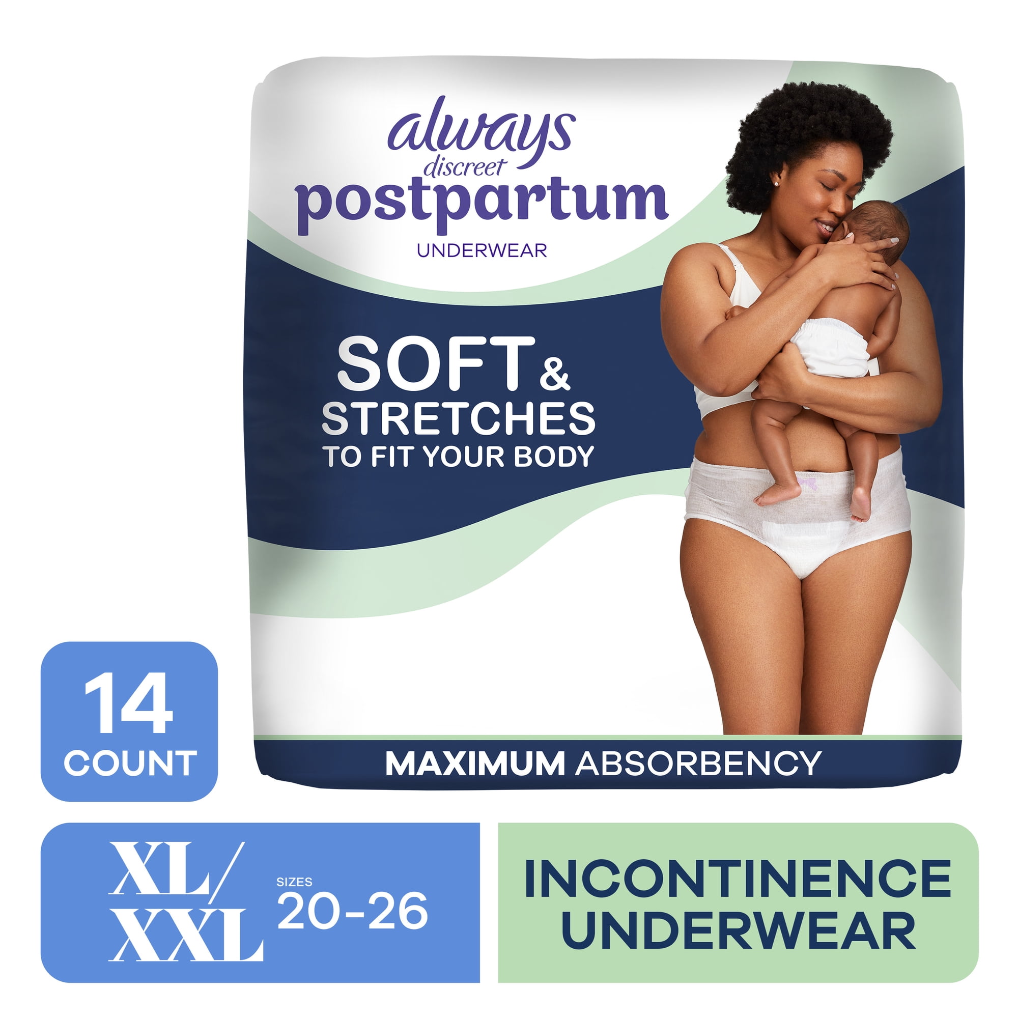 Always Discreet Postpartum and Adult Incontinence Underwear for Women, Size XL, Maximum Protection, 14 Count