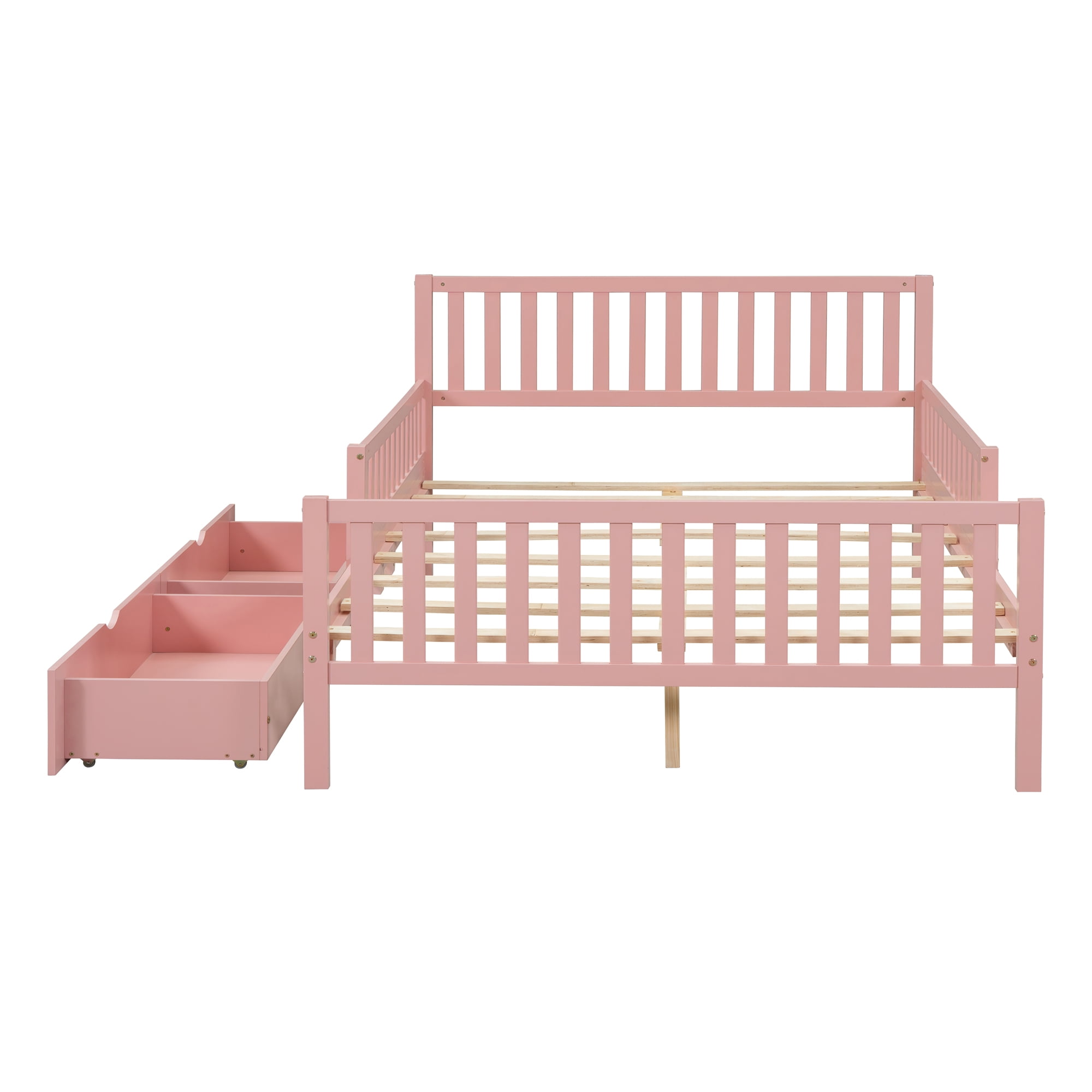 Aukfa Full Size Platform Bed with Storage Drawers and Safe Rails, Wood Bed Frame, Pink