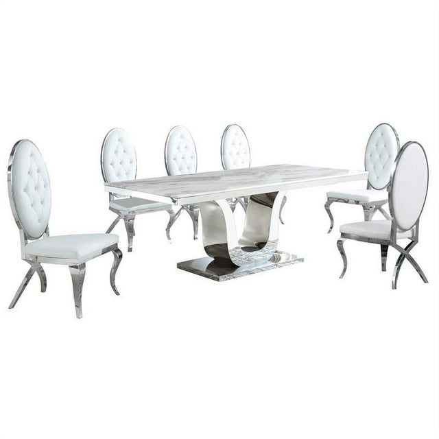 Ensemble de Salle à Manger de 7 Pièces en Acier Inoxydable Argenté avec Table en Marbre et Chaises Blanches