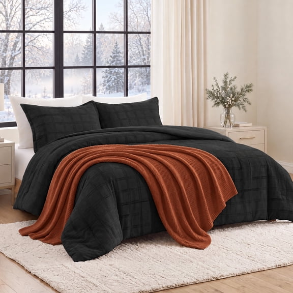 Regency Heights Waffle Weave Comforter Set, Textured Lightweight Comforter Bed Set, 3-Piece Classic Waffle Textured Bedding Set with Pillow Shams for All Season, Full/Queen, Black