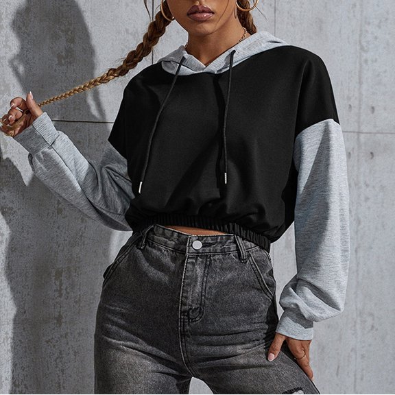 Color Block Cropped Sweatshirts for Women Oversize Fit Autumn Sweatshirt Pull-up Hoodie Streetwear with Pockets Gym Workout Athleisure Casual Essentials Plus Size