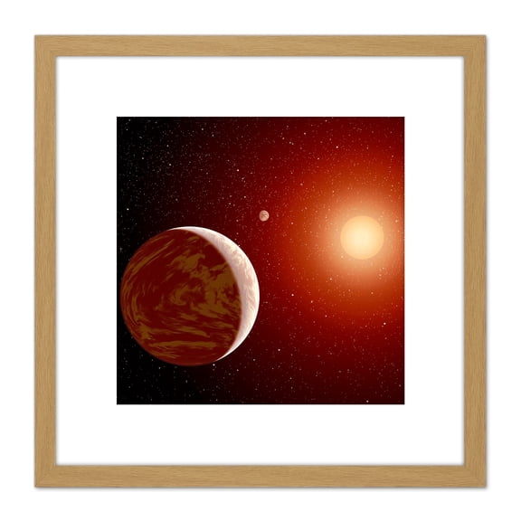 Space NASA Planets Around Red Star Concept Illustration 8X8 Inch Square Wooden Framed Wall Art Print Picture with Mount