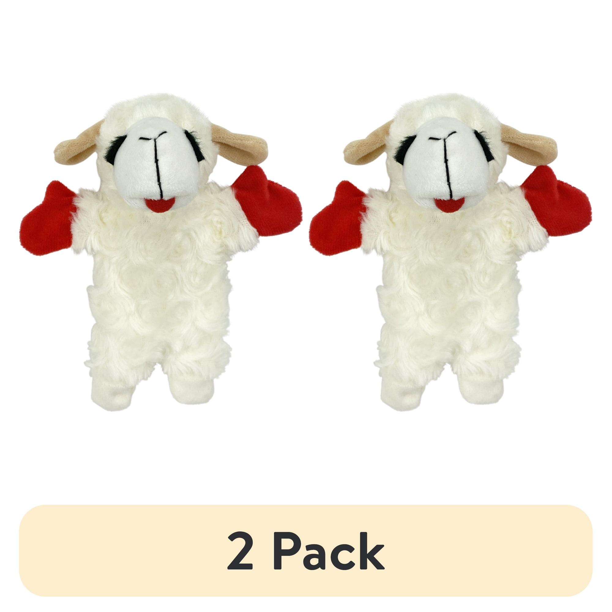 (2 pack) Multipet Lamb Chop Plush Crinkle Flop Dog Toy, White with Red Paws