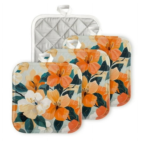 

Bahomeck Pot Holder 4Pcs Orange And White Floral Pattern With Green Leaves Square Heat Resistant Hot Pads For Kitchen Cooking Oven With Hanging Loop Potholder Easy To Store