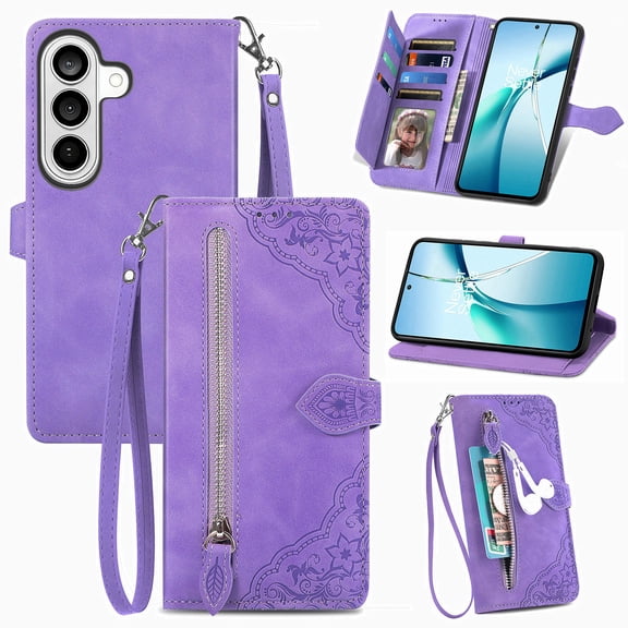 Allytechgroup Wallet Case for Samsung Galaxy S26, Embossed Luxury PU Leather Case with Kickstand & Card Slots, Slim Zipper Pocket Detachable Wrist Strap Magnetic Clasp Anti-Drop Case, Purple