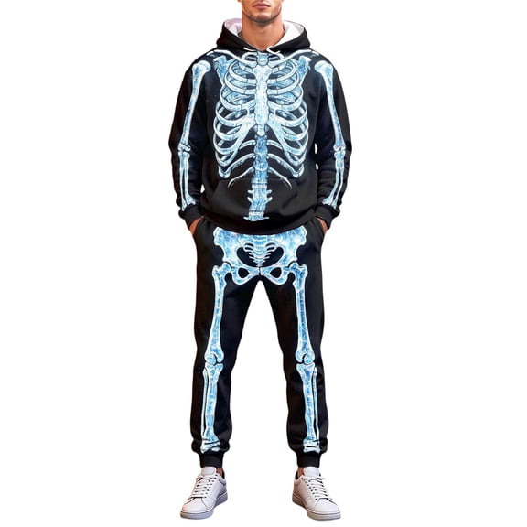 CONFREE Halloween Mens Tracksuit 2 Peice Lined Sweat Suit for Men Hallowmas Skeleton Graphic Hoodies Joggers Outfits Cozy Fall Winter Sweatsuits Set