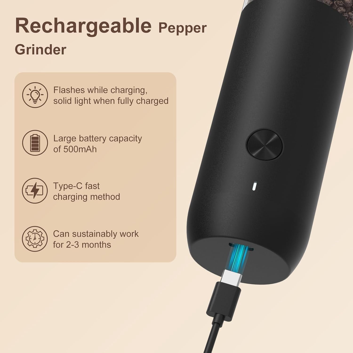 Ultrean Pepper Grinder, Rechargeable Salt and Pepper Grinder with 6 Adjustable Coarseness, LED Light, One-Hand Automatic Operation, Black