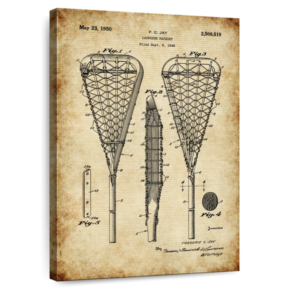 Elephant Stock Lacrosse Racquet Patent Wall Art - Vertical Canvas Wall Art - Living Room Wall Decor - Patent Canvas - Black And Brown Decor - 8" x 12"